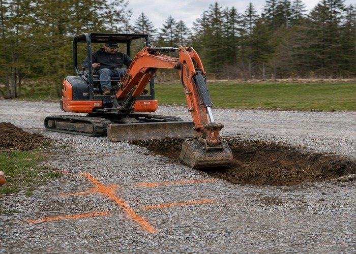 Mini excavator digging a shallow trench across a gravel driveway for a culvert pipe