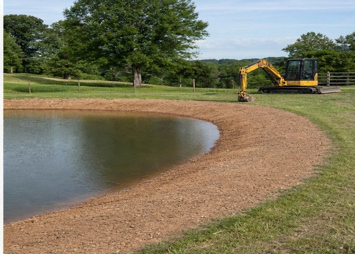 Finished shallow farm pond bank with mini excavator parked clear Finished shallow farm pond bank with mini excavator parked clear