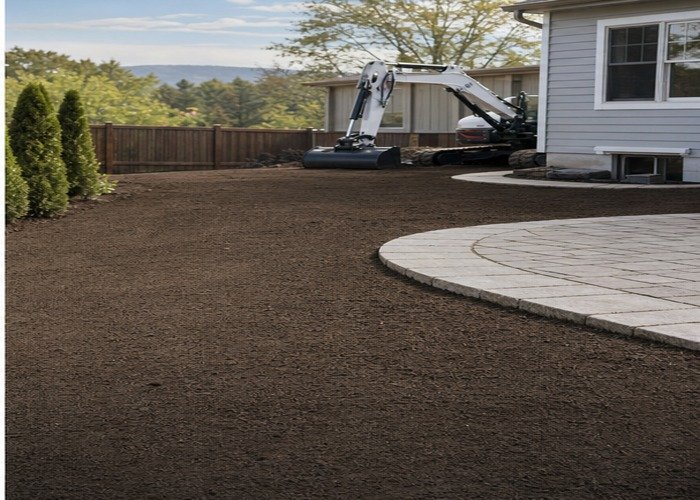 Finished final grade beside a patio with mini excavator parked safely