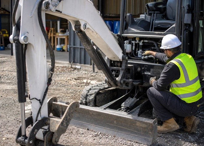 Technician inspecting mini excavator hydraulic hoses fittings and fluid level with machine shut down