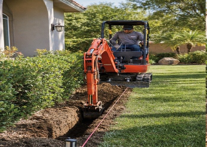 Mini excavator digging a narrow irrigation trench beside lawn and shrubs