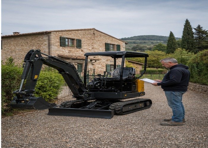 Mini excavator unloaded on an Italian-style gravel driveway while the buyer checks delivery condition Mini excavator unloaded on an Italian-style gravel driveway while the buyer checks delivery condition