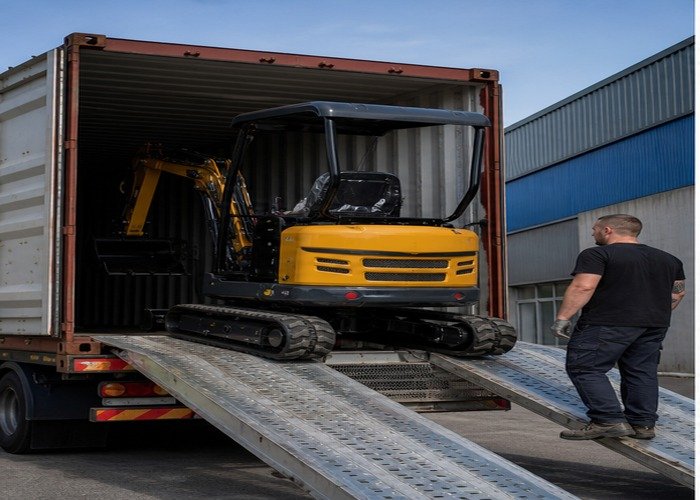Mini excavator positioned on loading ramps beside a shipping container for export delivery
