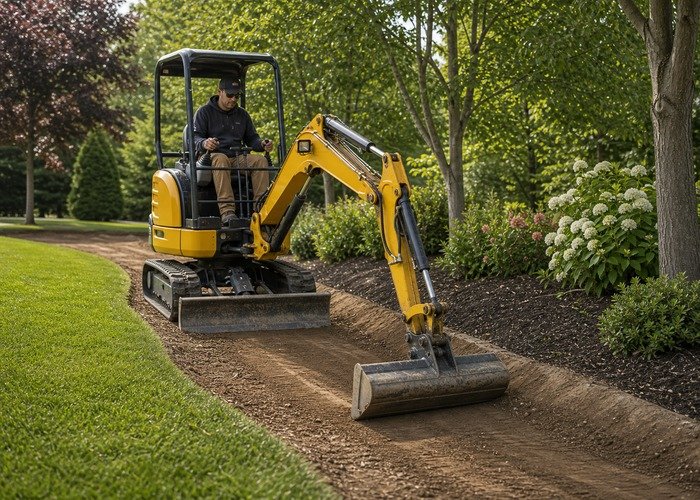 Mini excavator grading a landscape swale Mini excavator shaping a smooth landscape swale beside shrubs and lawn