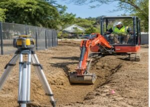 Mini excavator cutting a shallow trench beside a safely positioned rotating laser