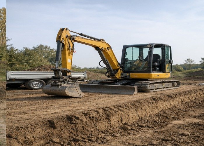 Stopped mini excavator beside a trailer on a broad stable loading platform