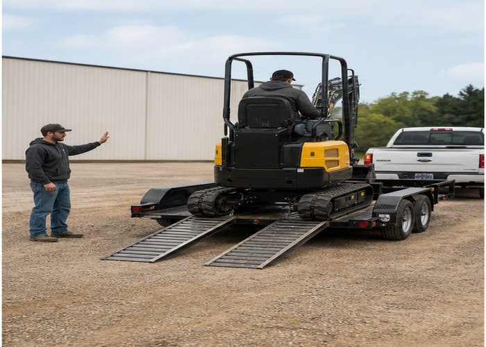 Mini excavator being loaded slowly onto a trailer with a spotter standing clear