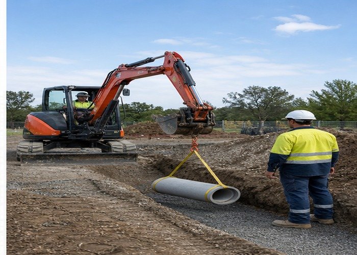 Mini excavator lowering a pipe section into prepared trench bedding with workers clear Mini excavator lowering a pipe section into prepared trench bedding with workers clear