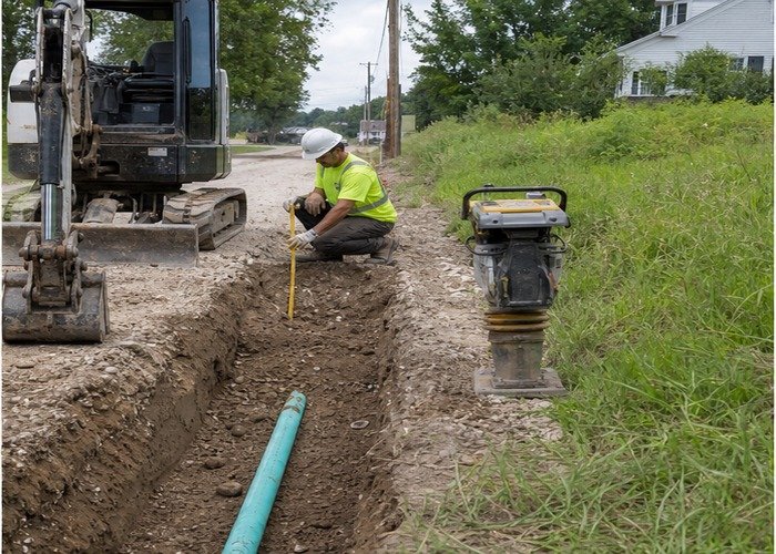 Operator checking pipe-zone cover and lift thickness beside a stopped mini excavator