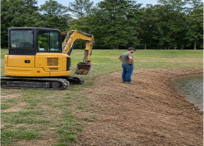 Operator inspecting pond bank slope and spoil placement beside a stopped mini excavator Operator inspecting pond bank slope and spoil placement beside a stopped mini excavator