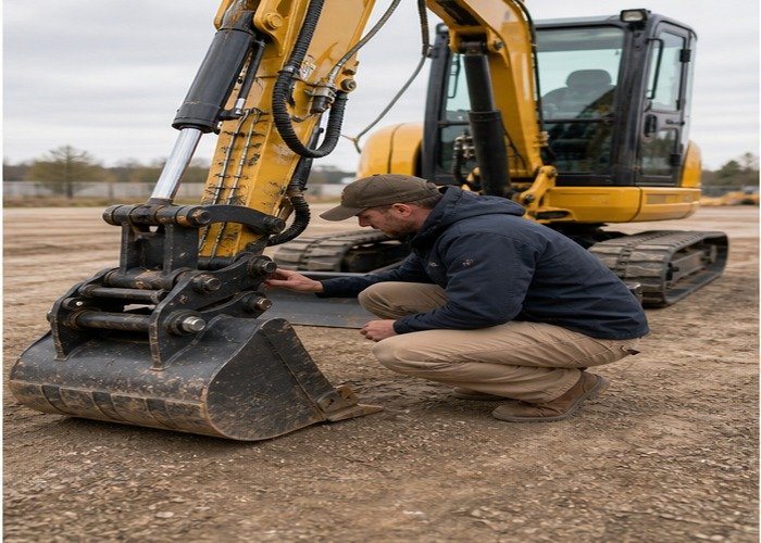 Operator checking mini excavator quick coupler bucket pins and hose routing Operator checking mini excavator quick coupler bucket pins and hose routing