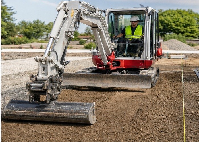 Mini excavator using a correctly attached grading bucket for a shallow finish pass Mini excavator using a correctly attached grading bucket for a shallow finish pass