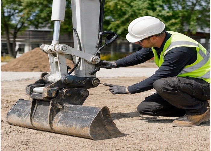Operator inspecting the lock pin on a fully stopped mini excavator quick coupler Operator inspecting the lock pin on a fully stopped mini excavator quick coupler