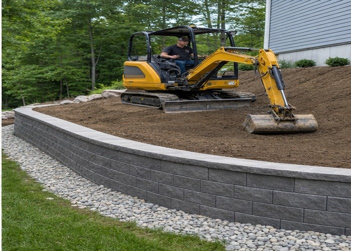 Mini excavator finish grading soil behind retaining wall with drainage stone visible Mini excavator finish grading soil behind retaining wall with drainage stone visible