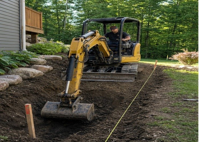 Mini excavator digging footing line for a low retaining wall with string line visible