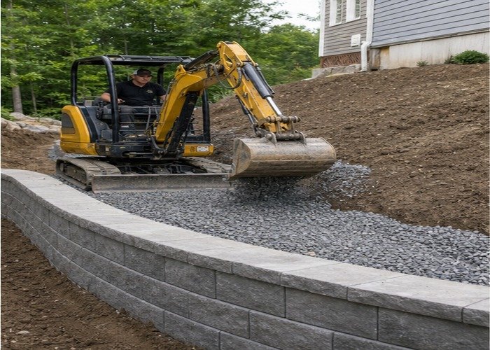 Mini excavator placing gravel backfill behind a block retaining wall Mini excavator placing gravel backfill behind a block retaining wall
