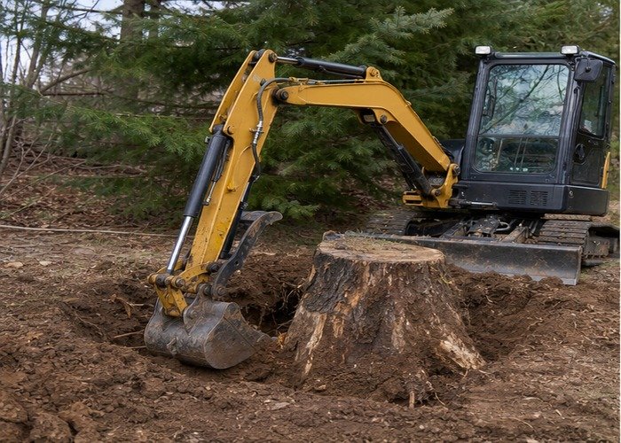 Mini excavator opening a controlled narrow trench near tree roots