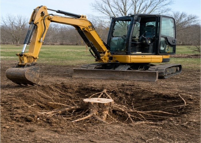 Stopped mini excavator beside exposed roots and stable track support Stopped mini excavator beside exposed roots and stable track support