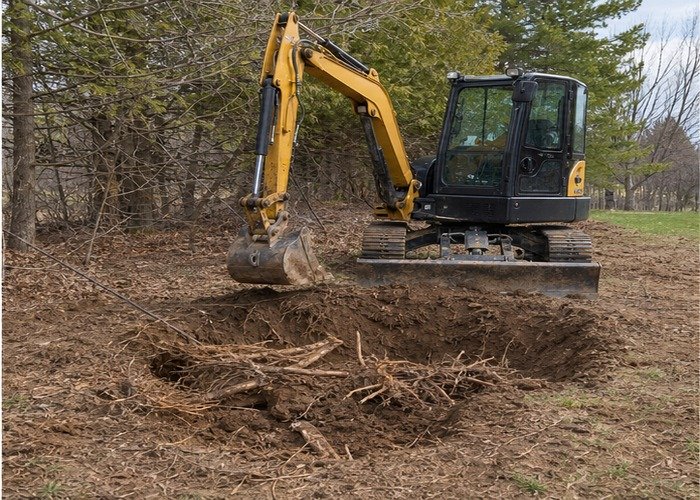 Stopped mini excavator beside an exposed root zone prepared for inspection Stopped mini excavator beside an exposed root zone prepared for inspection