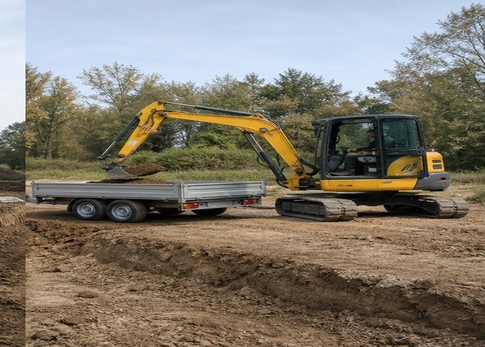 Mini excavator placing a modest bucket of soil centrally in a trailer