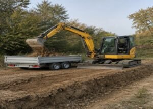 Mini excavator loading loose soil into a low-sided dump trailer