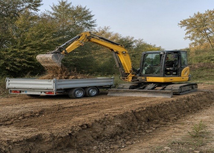 Mini excavator loading loose soil into a low-sided dump trailer