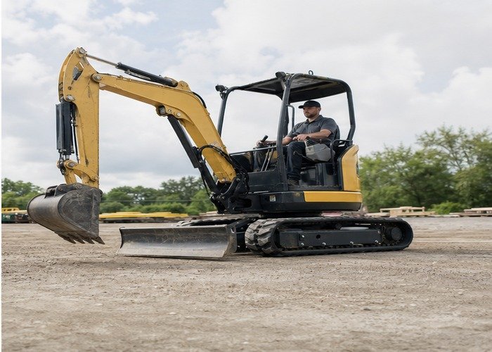 Mini excavator traveling straight on firm level ground after track checks Mini excavator traveling straight on firm level ground after track checks