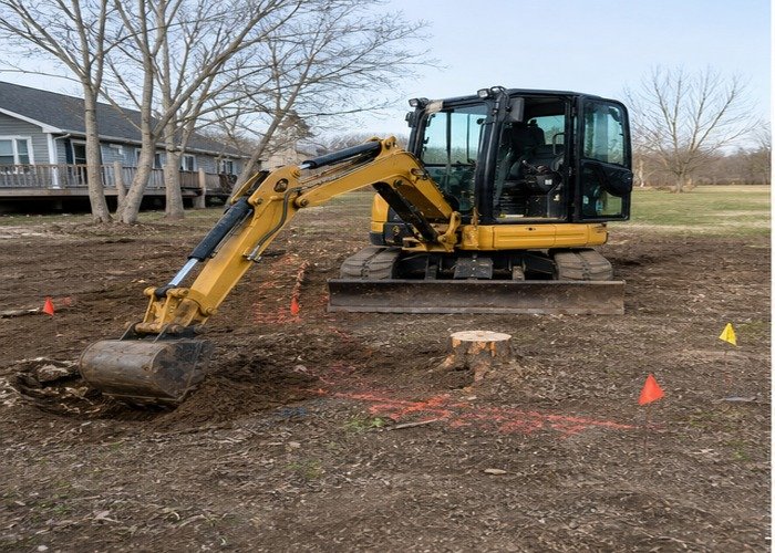 Mini excavator exposing roots around a small marked stump in an open yard