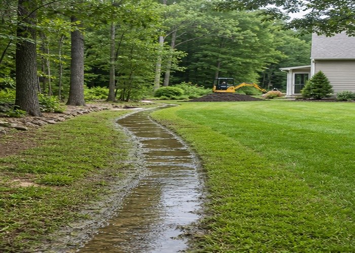 Finished shallow drainage swale with water flow path visible and excavator in background Finished shallow drainage swale with water flow path visible and excavator in background