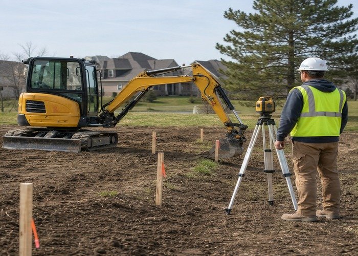 Operator checking swale elevations with a laser level beside a stopped excavator
