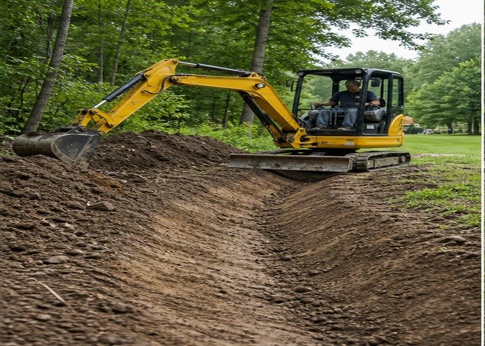 Mini excavator shaping swale grade with spoil placed safely away from the edge Mini excavator shaping swale grade with spoil placed safely away from the edge