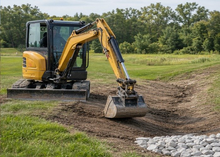 Mini excavator feathering a drainage swale outlet into existing terrain