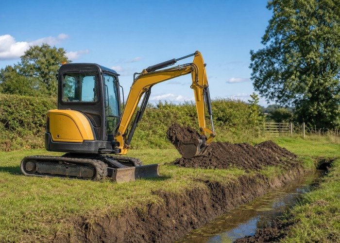 Mini excavator performing a controlled test dig after hydraulic and engine checks