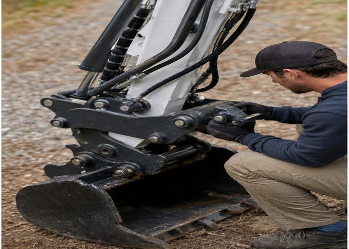 Operator inspecting mini excavator thumb linkage hydraulic hoses and coupler fit beside the bucket