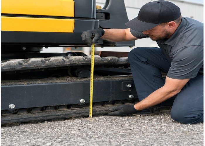 Technician measuring rubber track sag on a fully stopped mini excavator Technician measuring rubber track sag on a fully stopped mini excavator