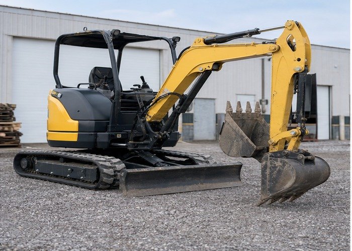 Mini excavator parked on gravel with rubber tracks visible