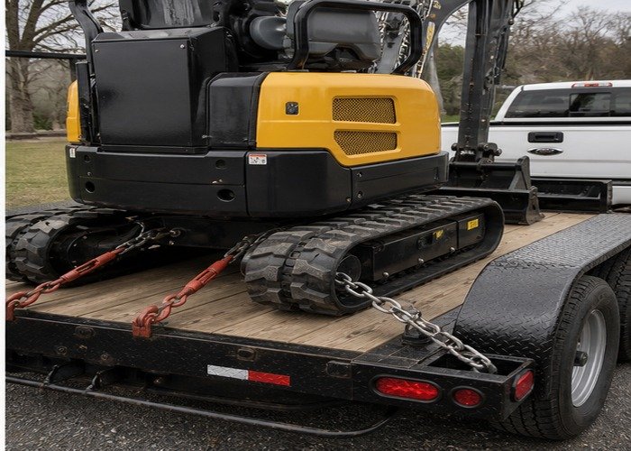 Mini excavator secured on a trailer with chains at the undercarriage tie-down points