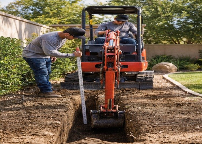 Worker checking narrow trench depth with measuring stick while bucket is grounded Worker checking narrow trench depth with measuring stick while bucket is grounded
