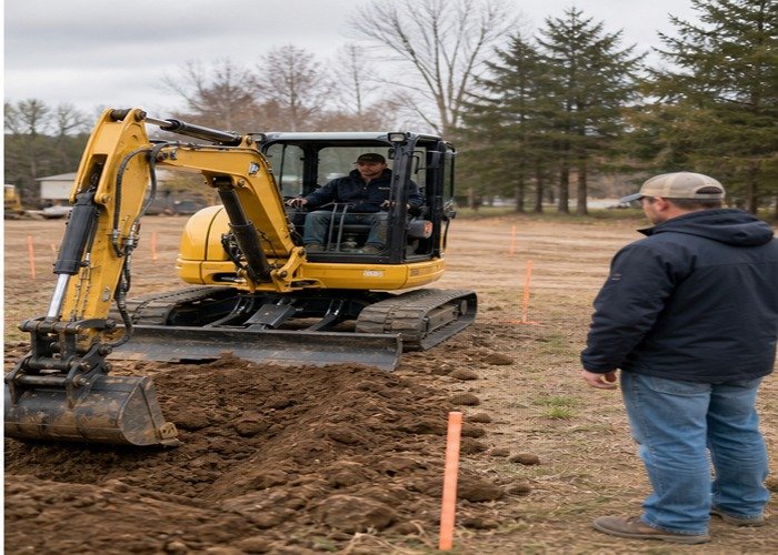 Mini excavator test digging while a buyer checks operator visibility from a safe distance Mini excavator test digging while a buyer checks operator visibility from a safe distance