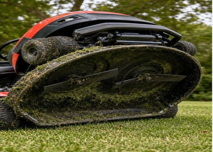 Riding lawn mower deck underside showing wet grass buildup after mowing