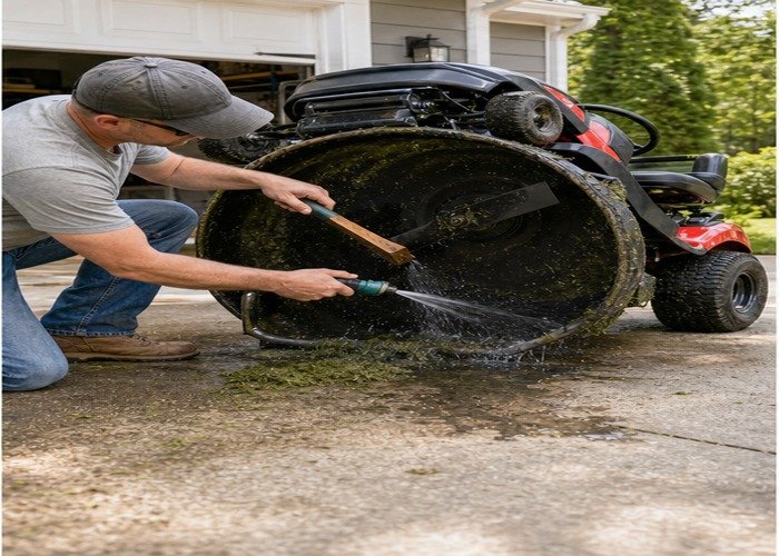 Owner safely cleaning a stopped lawn mower deck with scraper and hose on a driveway Owner safely cleaning a stopped lawn mower deck with scraper and hose on a driveway