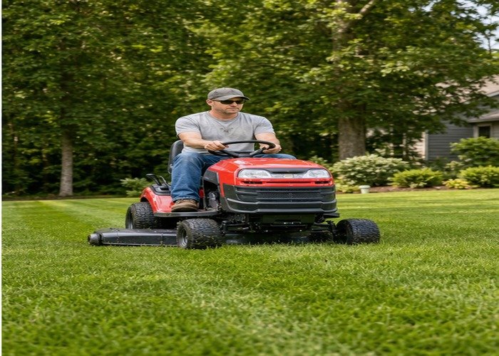 Riding lawn mower making an even clean pass on healthy grass after deck cleaning Riding lawn mower making an even clean pass on healthy grass after deck cleaning