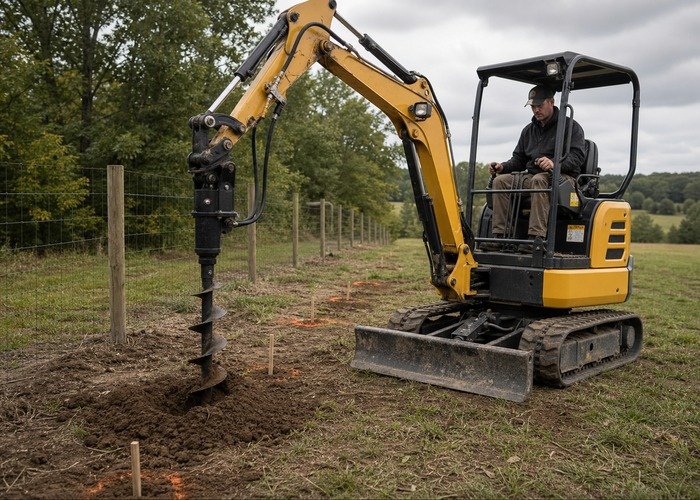 Mini excavator hydraulic auger for fence post work Mini excavator using a hydraulic auger to drill fence post holes on rural ground