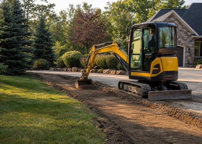 Mini excavator backfilling drainage trench Mini excavator backfilling a completed shallow drainage trench with soil kept away from the edge