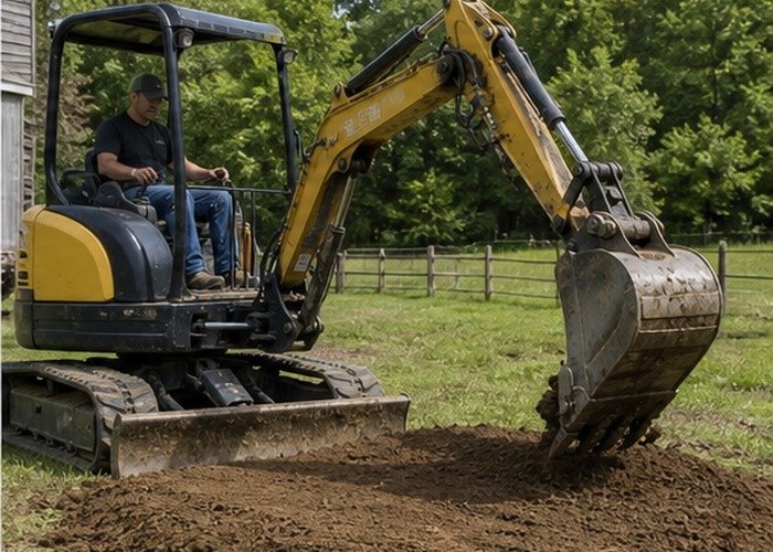 Mini excavator backfilling and grading the hole after stump removal Mini excavator backfilling and grading the hole after stump removal