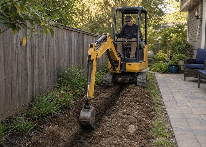 Mini excavator digging a narrow backyard drainage trench beside a fence and patio
