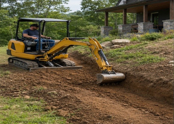 Mini excavator cutting a small bench into a residential slope with spoil placed safely Mini excavator cutting a small bench into a residential slope with spoil placed safely