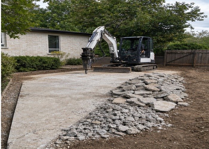 Mini excavator parked beside neatly sorted broken concrete after hydraulic breaker work Mini excavator parked beside neatly sorted broken concrete after hydraulic breaker work