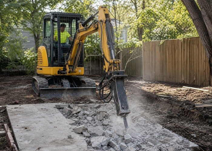 Mini excavator hydraulic breaker for concrete removal Mini excavator using a hydraulic breaker to remove a small concrete pad in a controlled work zone