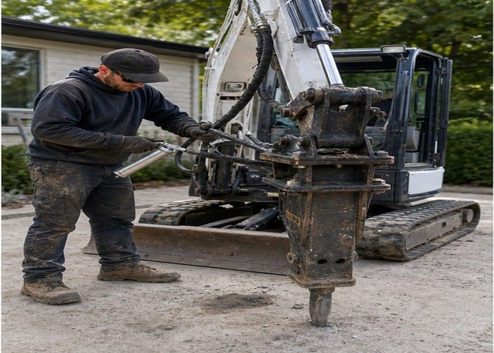 Operator inspecting and greasing a hydraulic breaker on a stopped mini excavator Operator inspecting and greasing a hydraulic breaker on a stopped mini excavator